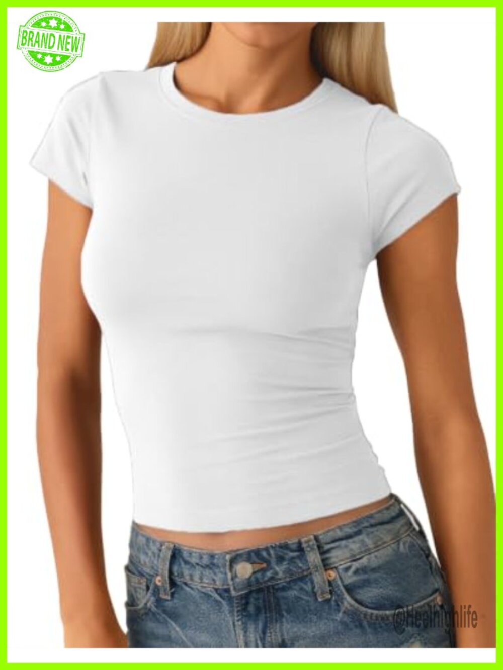 Beumissy Crew Neck Cap Sleeve Slim Fit Cotton Blend Baby Tee Women's